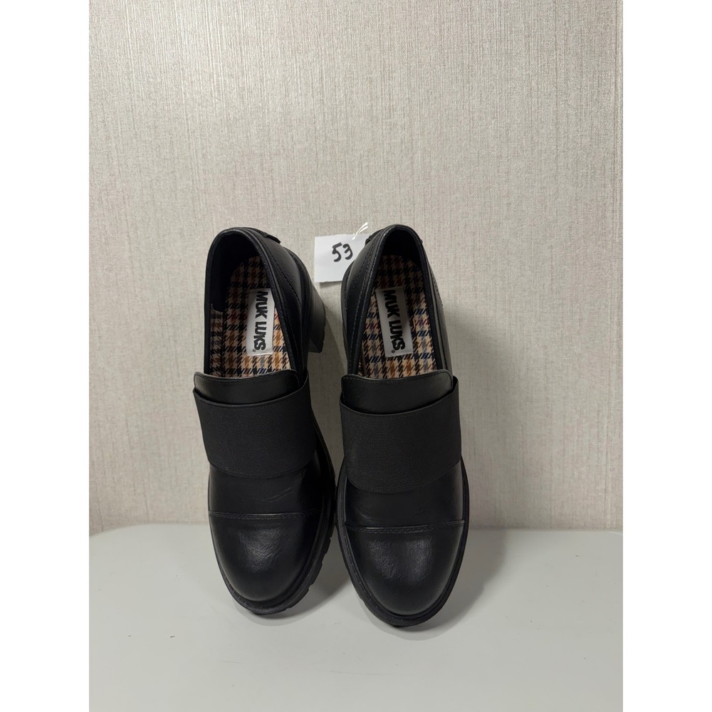 Muk Luks Womens Black Faux Leather Block Heel Lug Sole‎ Loafers Size 9.5
